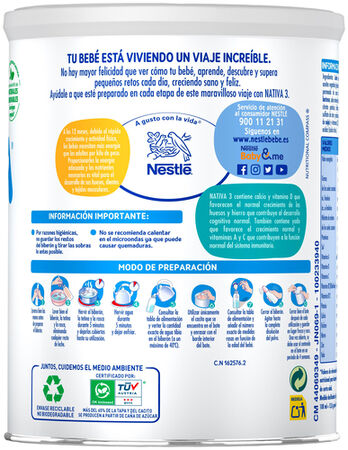 Leche crecimiento en polvo Nativa 3 Nestl&eacute; desde 12meses 800g