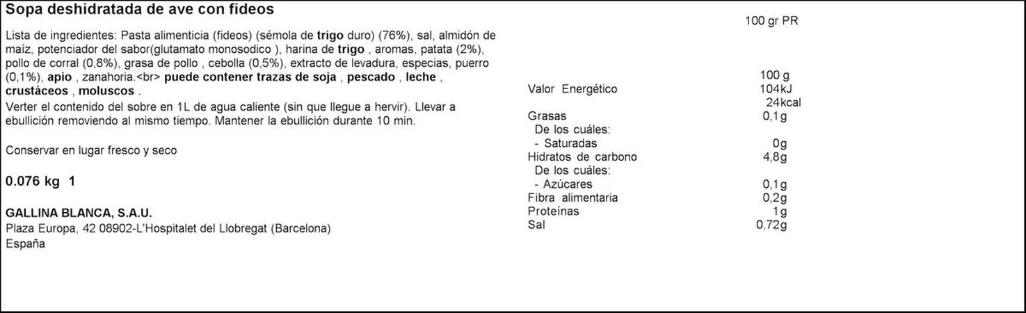 Sopa Gallina Blanca 76g ave con fideos