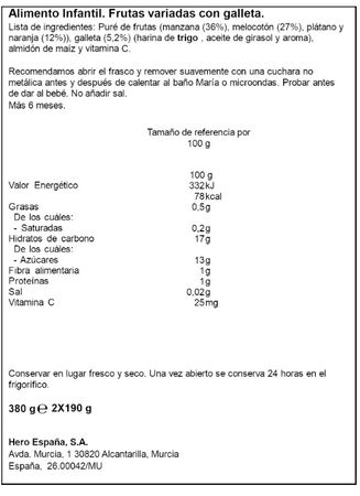 Alimento infantil con frutas variadas y galleta Hero 380 g
