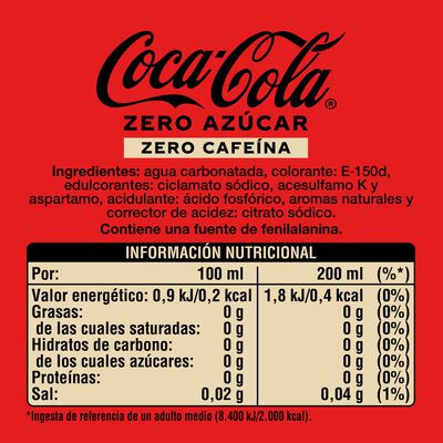 Refresco cola Coca-Cola zero az&uacute;car zero cafe&iacute;na mini lata 20cl pack 6