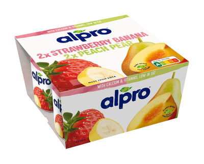 Postre soja Alpro Danone pack 4 fresa-platano y pera-melocoton