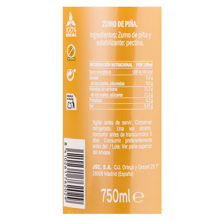 Zumo de piña refrigerado 750ml 100% exprimido
