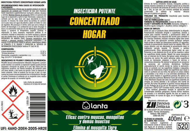 Insecticida concentrado Lanta spray 520ml hogar