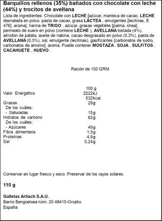 Galleta barquillo mini de chocolate con leche y avellanas Artiach 110g