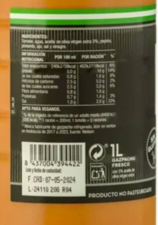 Gazpacho Garc&iacute;a Mill&aacute;n 1l Receta Andaluza