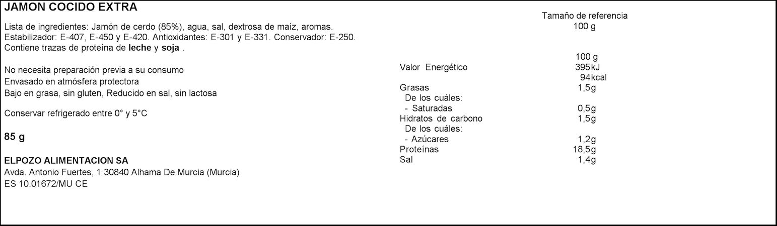 Jamón cocido extra en lonchas finas Bienstar ELPOZO 65g