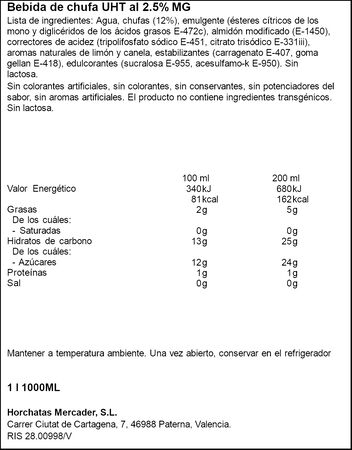 Bebida de chufa UHT 2.5% Mercader 1l