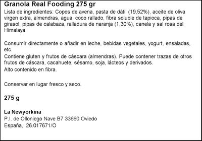 Granola sabor naranja y dátil Real Fooding La Newyorkina 275g