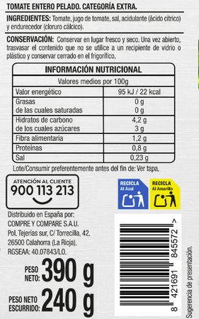Tomate entero pelado categor&iacute;a extra Alipende 240g