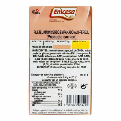 Filete de jam&oacute;n empanado con ajo y perejil Emcesa 800g aproximadamente