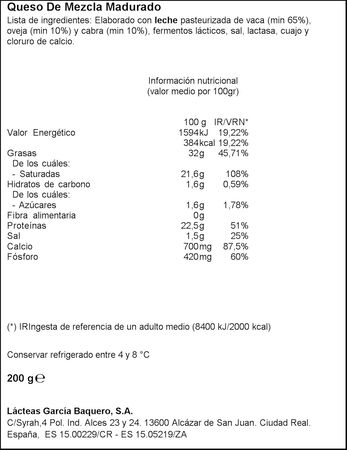 Queso sin lactosa ya cortado Garc&iacute;a Baquero cu&ntilde;a 200g