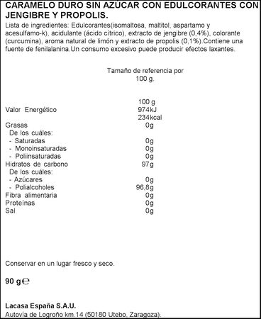 Caramelos sin az&uacute;car de jengibre pr&oacute;polis Mentolin 90g