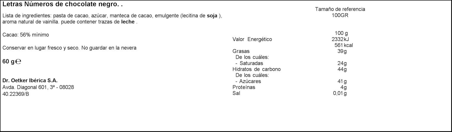 Letras y números para repostería Dr Oetker 60g chocolate