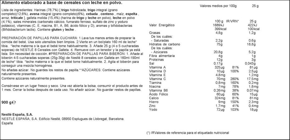 Papilla Nestlé 8 cereales galleta desde 6meses 725g