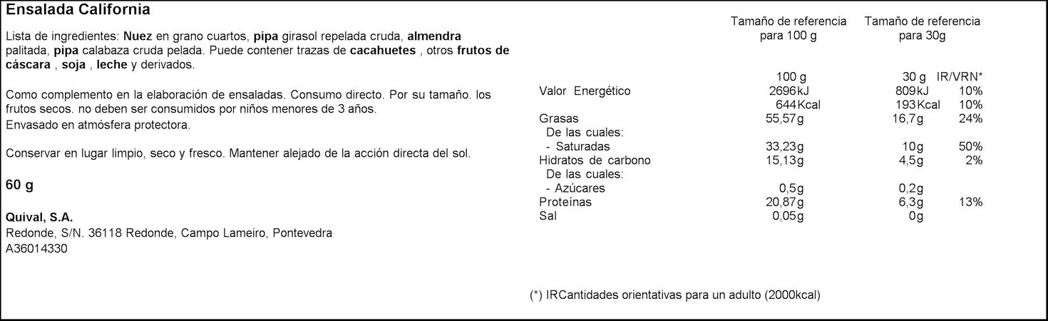 Frutos secos ensaladas El Nogal 60g  californiana