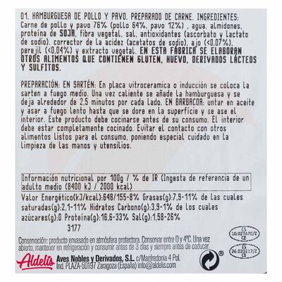 Hamburguesa de pollo y pavo Aldelis pack 4 de 80g