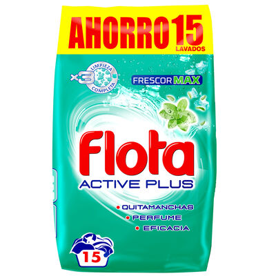 Detergente en polvo para ropa Flota Frescor Max. Eficacia, blancura, Perfume. Bolsa de 15 lavados