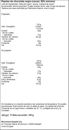 Pepitas de chocolate negro 50% cacao Vahine 100 g