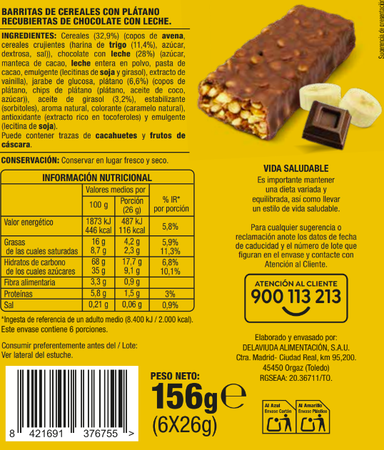 Barritas cereales con pl&aacute;tano y chocolate Alipende 156g