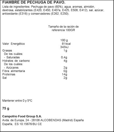 Fiambre de pechuga de pavo Campofr&iacute;o 70 gr