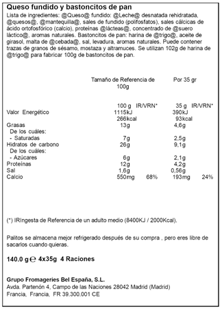 Queso con palitos La Vaca que R&iacute;e pack 4 uds de 140g sabor pizza