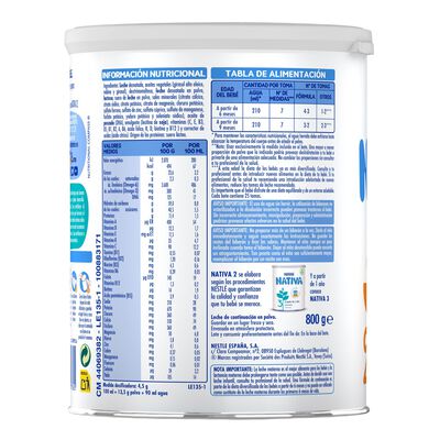 Leche continuaci&oacute;n polvo Nativa 2 Nestl&eacute; desde 6meses 800g