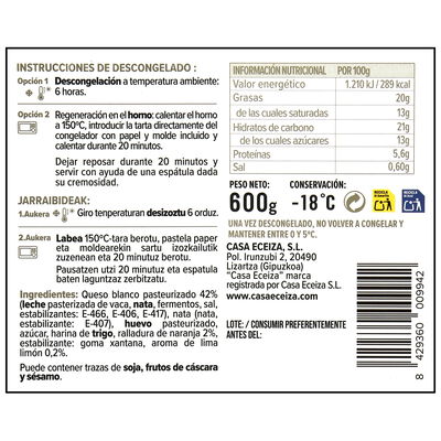 Tarta de queso donostiarra con chocolate Casa Eceiza 600g