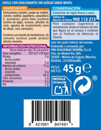Chicles menta s/gluten s/az&uacute;car Alipende 45g