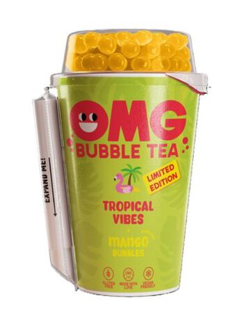 Refresco frutas tropicales con extracto de té y bolitas de gel sabor mango.