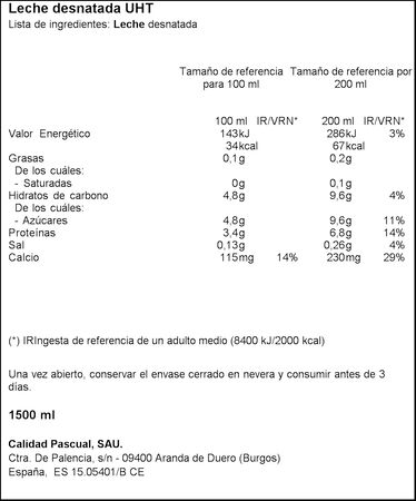 Leche desnatada Pascual 1,5l