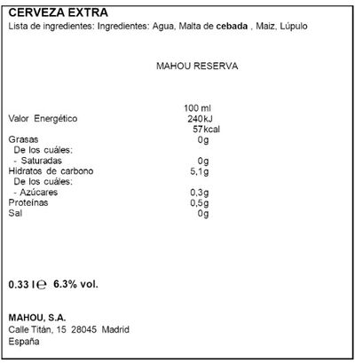 Cerveza Mahou  Botella 33cl reserva