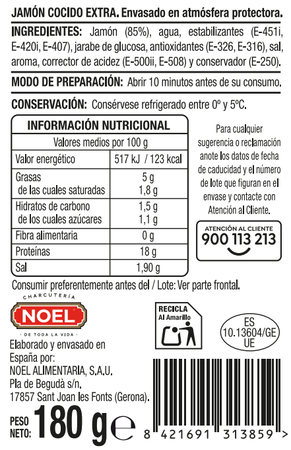 Jam&oacute;n cocido en lonchas calidad extra Alipende 180g