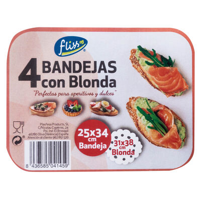 Bandeja cartón+blonda de papel Fliss 4 uds rectangular