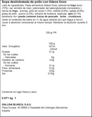 Sopa Gallina Blanca 71g pollo con fideos finos