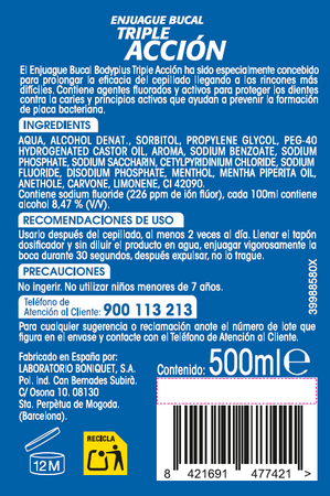 Enjuague bucal Bodyplus 500ml triple acci&oacute;n