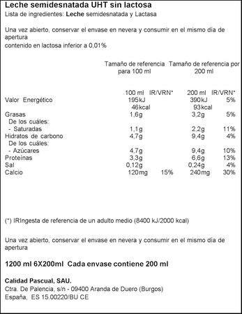 Leche sin lactosa Pascual 200ml Pack 6 Semidesnatada