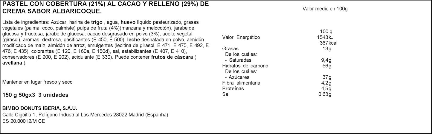 Pastelito Tigretón Bimbo chocolate nata y mermelada 3 uds