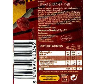 Yogur extra prote&iacute;nas Reina pack 2 con granola sabor frambuesa