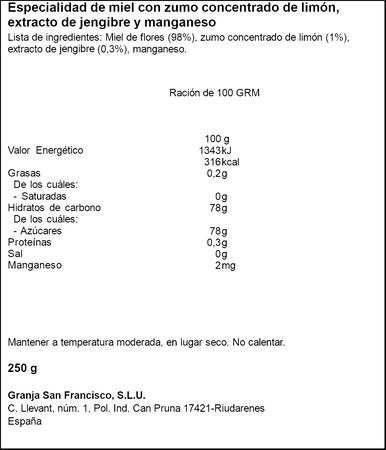 Miel especialidad de miel lim&oacute;n y jengibre fuente de manganeso Granja San Francisco 250g energ&iacute;a