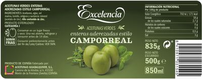 Aceituna con hueso aliñadas estilo Camporreal Excelencia 500g