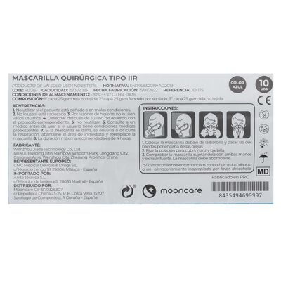 Mascarilla quir&uacute;rgica Mooncare 10 uds azul