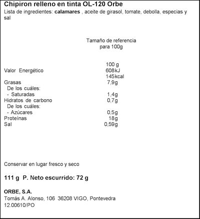 Chipir&oacute;n en su tinta relleno Orbe 72g