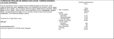 Turr&oacute;n arroz-leche calidad suprema sin gluten Lacasa 225g