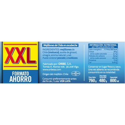 Mejillones de Chile en escabeche XXL Orbe 480g