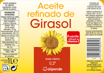 Aceite de girasol Alipende 1l (acidez máxima 0,2º)