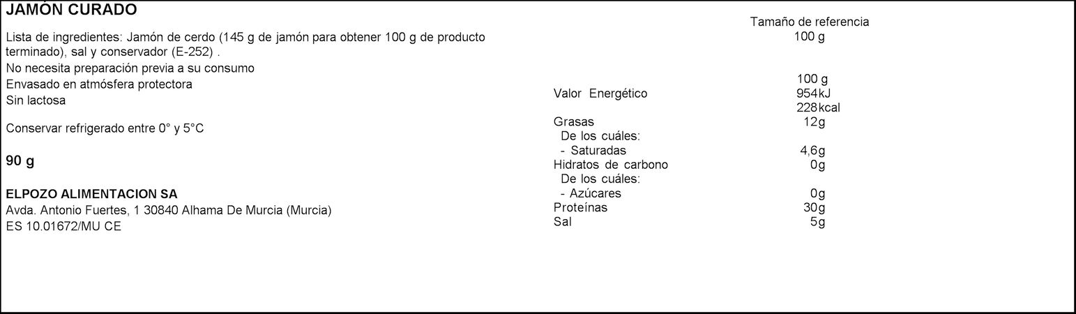 Jamón curado selección en lonchas ElPozo 80 + 15 gr