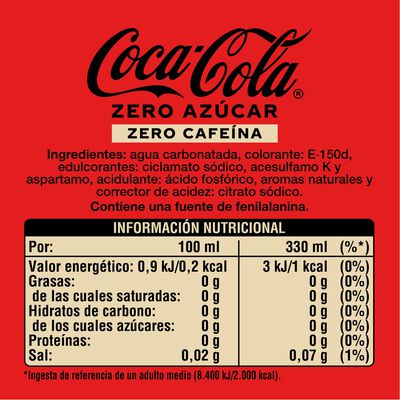 Refresco cola Coca-Cola 33cl pack lata 12 zero az&uacute;car zero cafe&iacute;na
