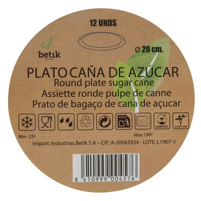 Platos de caña de azúcar Betik 12 uds diámetro 20cm