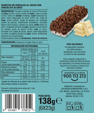 Barritas de cerales con chopcolate blanco Alipende 138g
