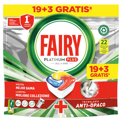 Detergente en cápsulas para lavavajillas Fairy 19+3 unidades platinum plus todo en uno